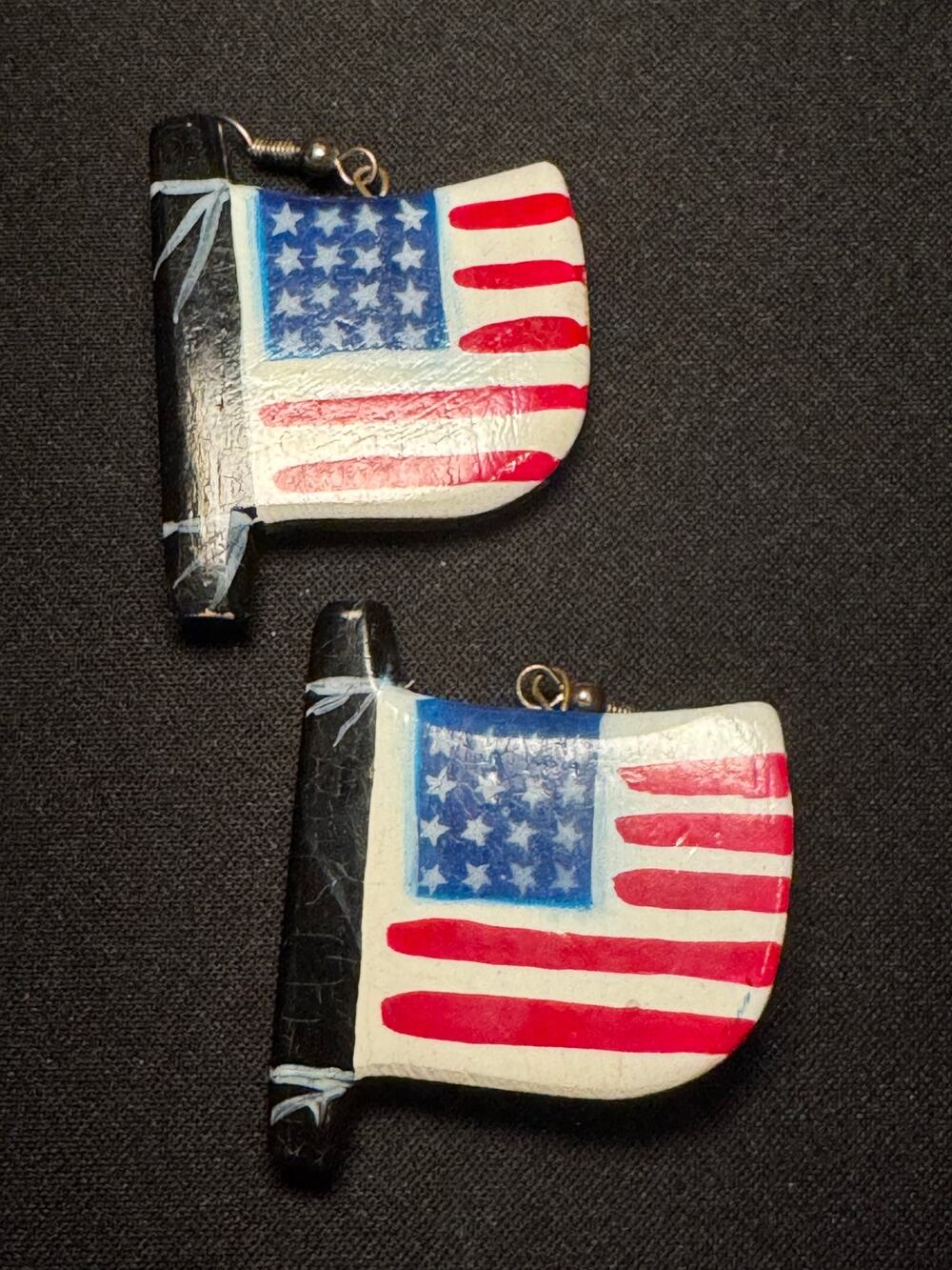 Vintage Wood American Flag Pierced Earrings (very light)